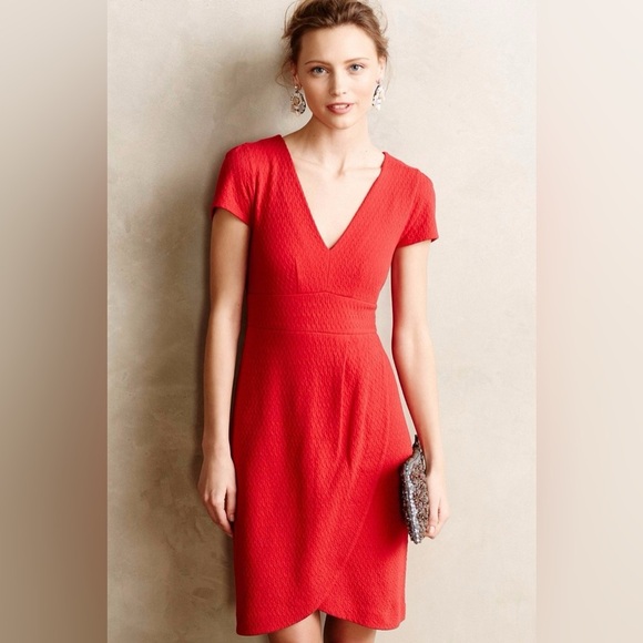 Anthropologie Maeve Cherry Red Splitshade Tulip Textured Dress - Picture 1 of 6